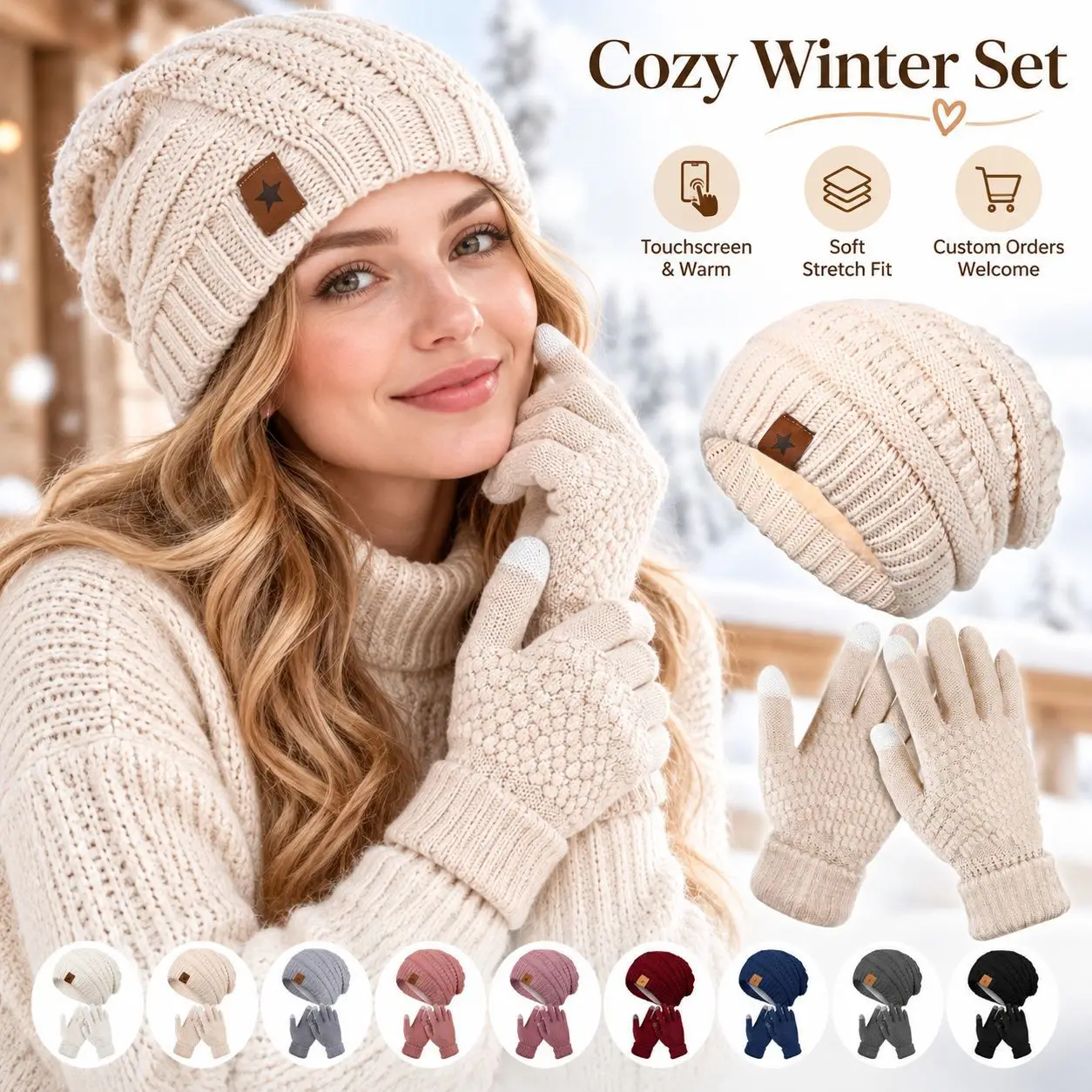 2pcs Winter Warm Velvet Hat Gloves Set Soft Crochet Beanie Add Fur Lined Knitted Hats