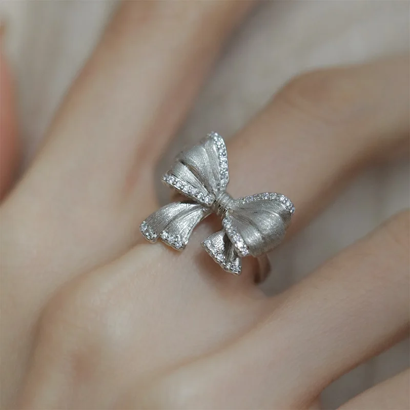 S925 Silver Plated Korean Edition Diamond Bow Ring Party Jewelry Accessories For Women and Girls