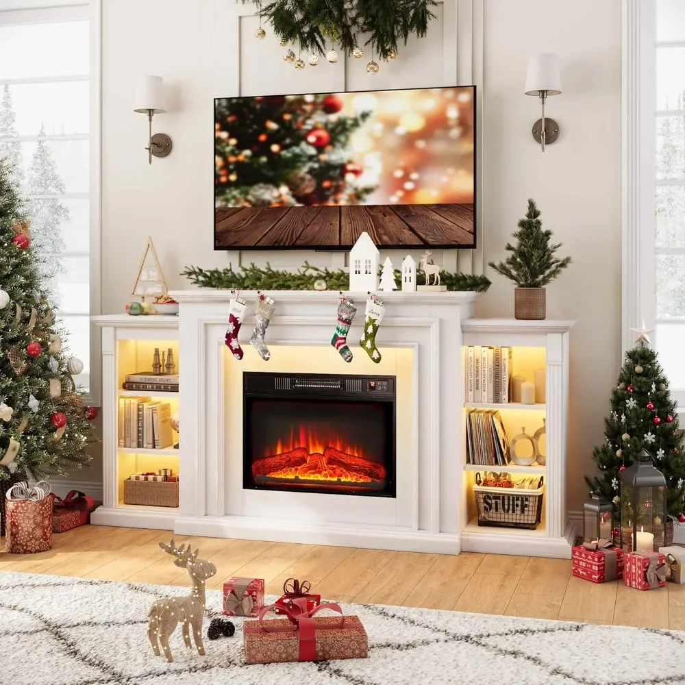 

72" LED Lights Electric Fireplace with Mantel, Fireplace TV Stand for TVs Up to 80", Delicate Three-Dimensional Molding