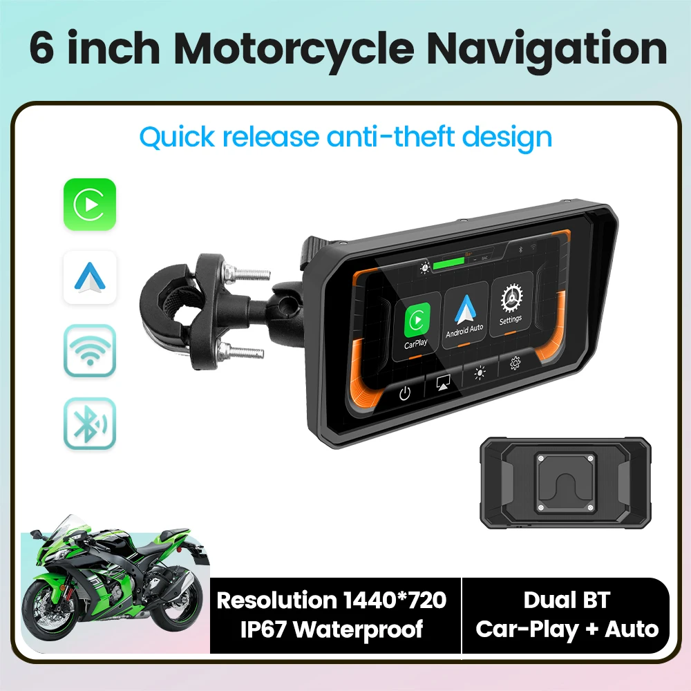 

MEKEDE 6-дюймовый беспроводной портативный цифровой GPS-навигатор для мотоциклов с поддержкой CarPlay и Android Auto, съемный дисплей