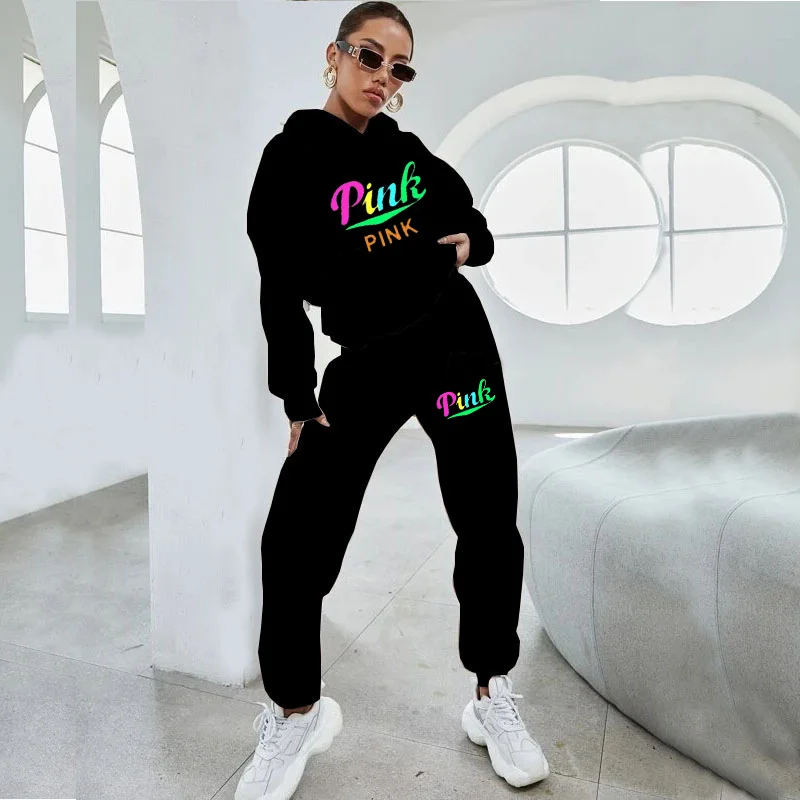 

2 Piece Set Women Outfit PINK Letter Print High Neck Hoodies Sweatshirt Pants Tracksuit Streetwear New Sweatshirt +Joggers Pants