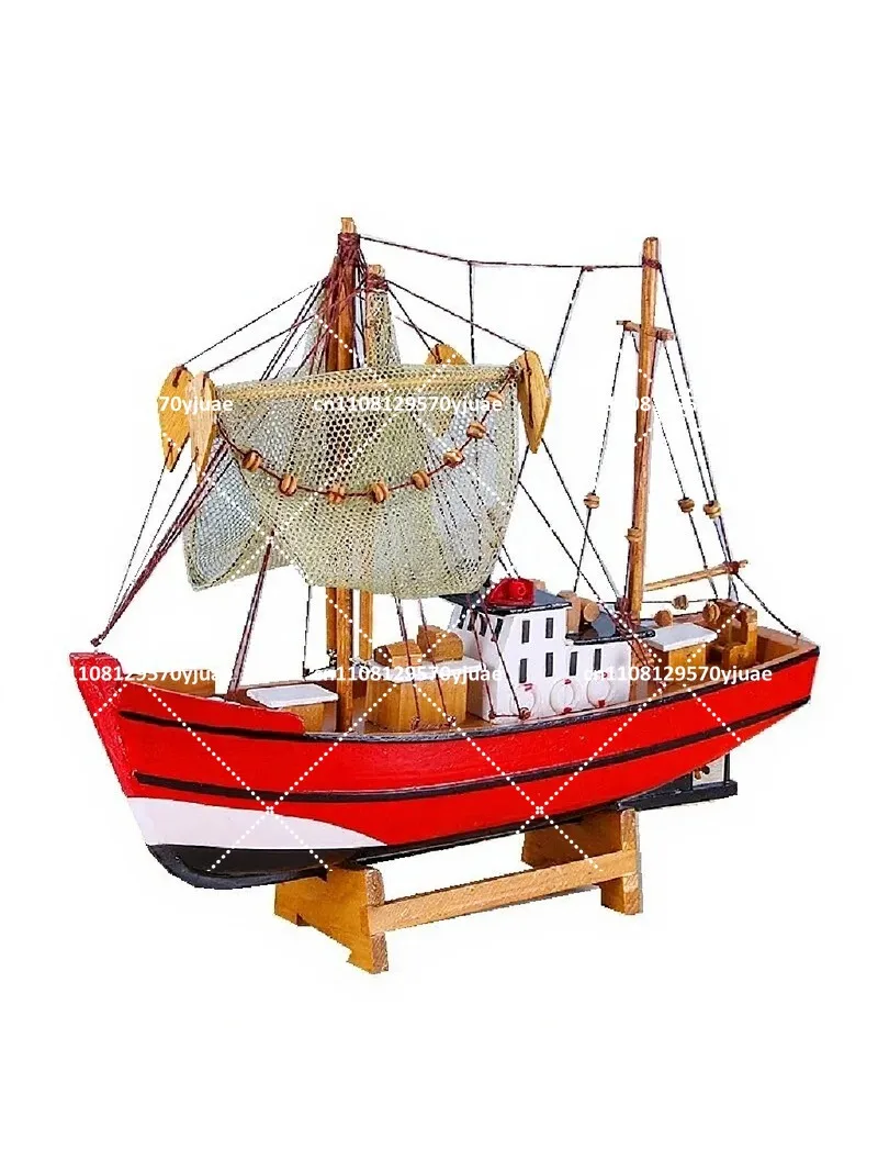 Mediterranean Style Wooden Fishing Boat Model Handcrafted Decorative Ornament Gift