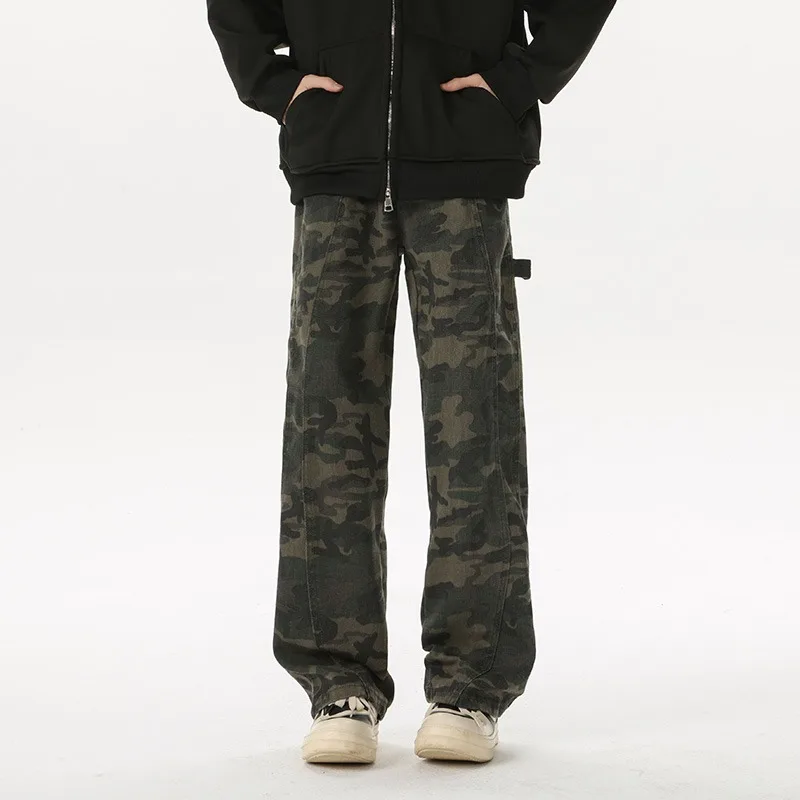 

American Retro Camouflage Overalls for Men High Street Casual Wide Leg Versatile Straight Pants Trousers