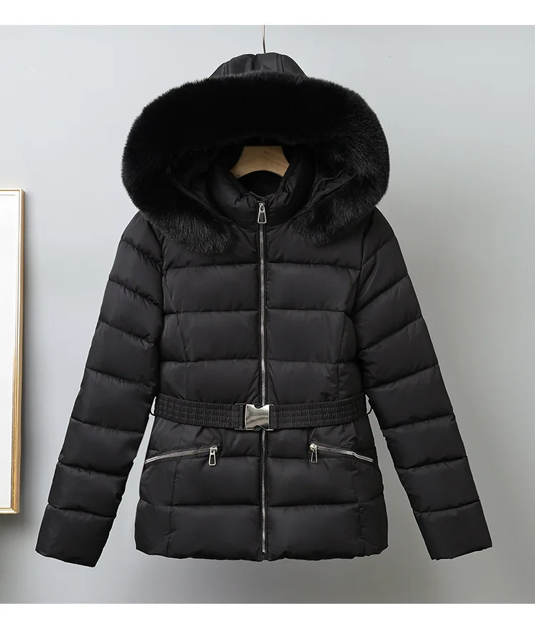Winter Solid Color Long-sleeved Fur Collar Hooded Short Down Cotton Jacket Women's Slim Winter Thickened Versatile Warm Jacket