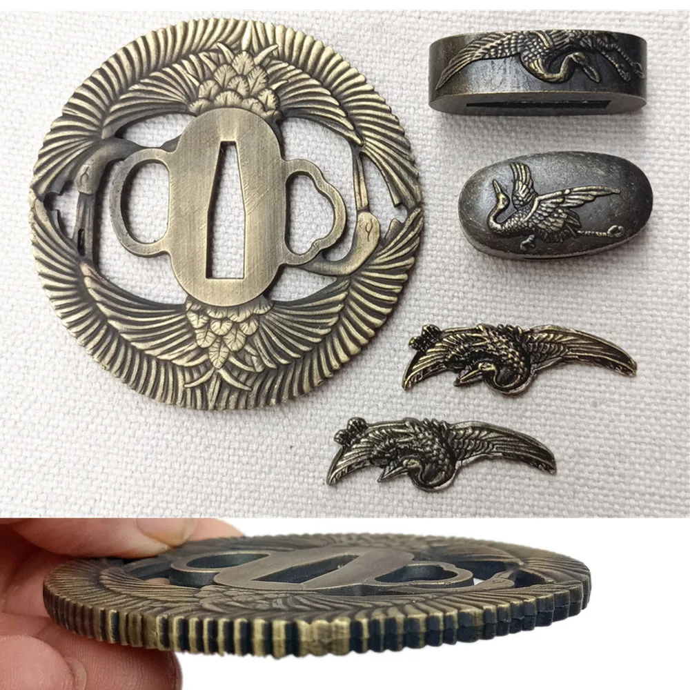 Nice A Set Alloy Carved Tsuba Fuchi Kashira Menuki Accessories For Japanese Sword Samurai Katana HandGuard Fittings