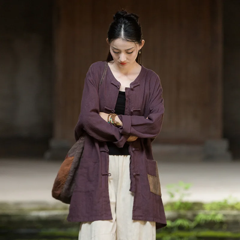 Fall 2025 original ramie linen open-front coat. Zen-Nomad style artistic women's outerwear.