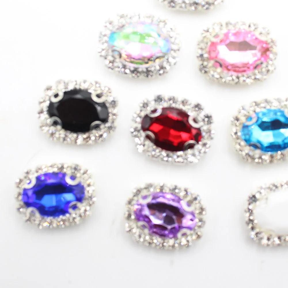 10 pieces/set 15 * 20MM oval acrylic diamond buttons, four hole flat back buttons, suitable for scarves sewing wedding accessori