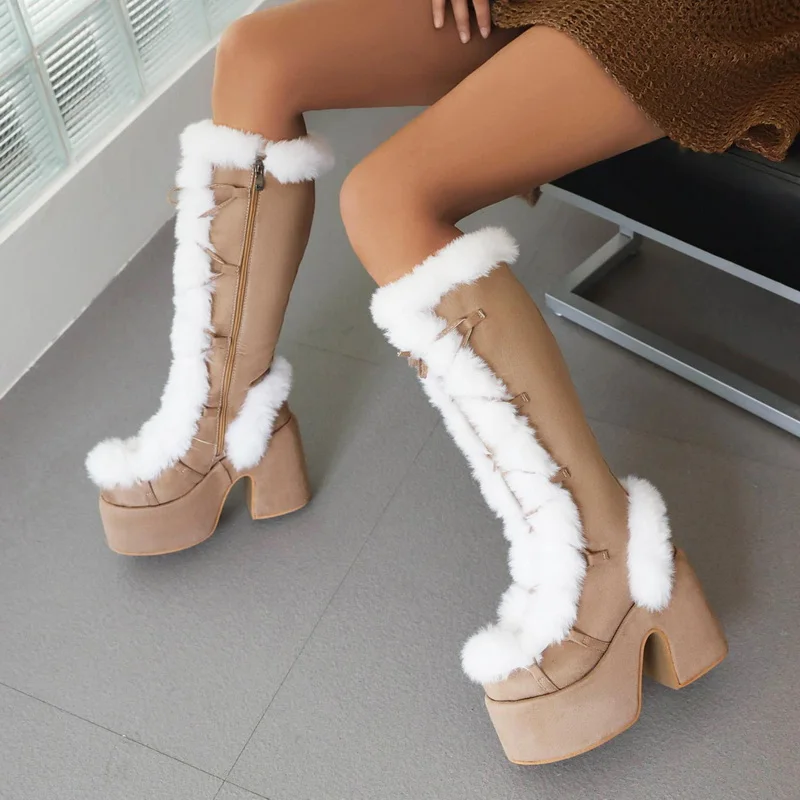 

CACA Women Knee High Boots,Winter Flock Platform Shoes,Fuzzy Booties,Thick Bottom Botas,Round Toe,Side Zip,White,Khaki,Dropship