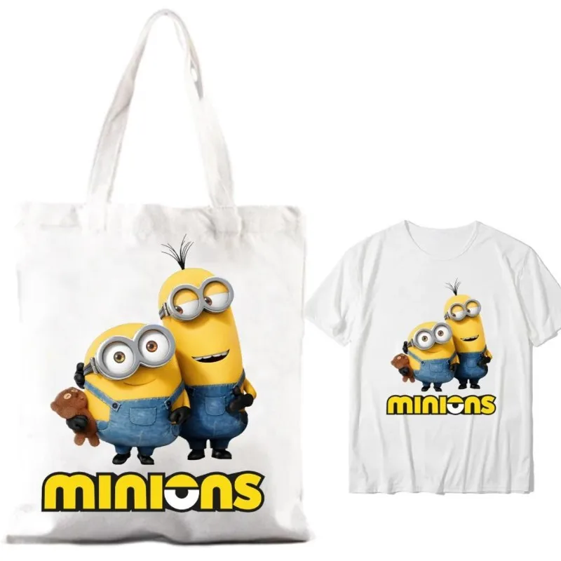 Beast Kingdom Cartoon M-Minions Women Shoulder Bags Couple Combination Clothes Short Sleeve Collar Fashion T shirt Man Cotton