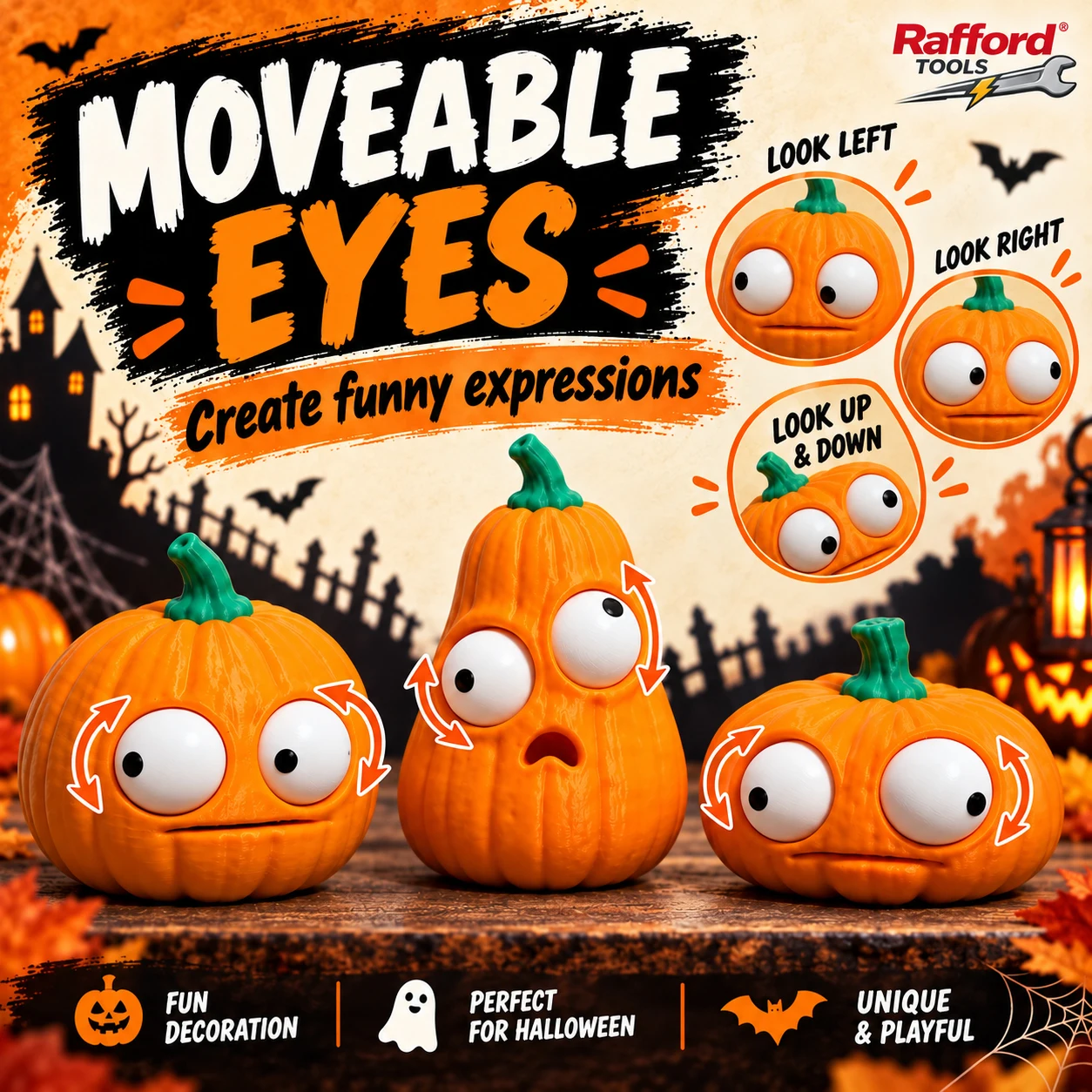 Rafford 3-teiliges Set Lustige Halloween-Kürbisfiguren mit Beweglichen Augen, Niedliche Kürbis-Dekorationen für Schreibtisch, Regal, Party und Heimdekoration – Detail 1