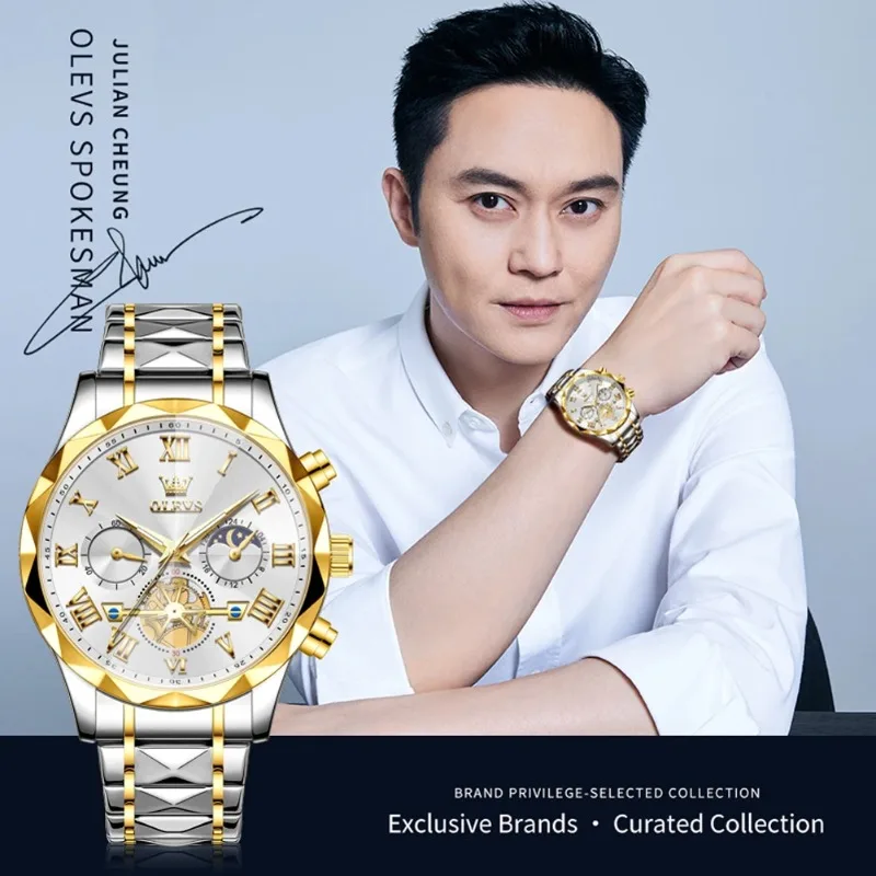 OLEVS 2709 Luxury Man Watch Solid Steel Strap Trendy Rhombus Mirror Skeleton Flywheel Design Moon Phase Chronograph Quartz Watch