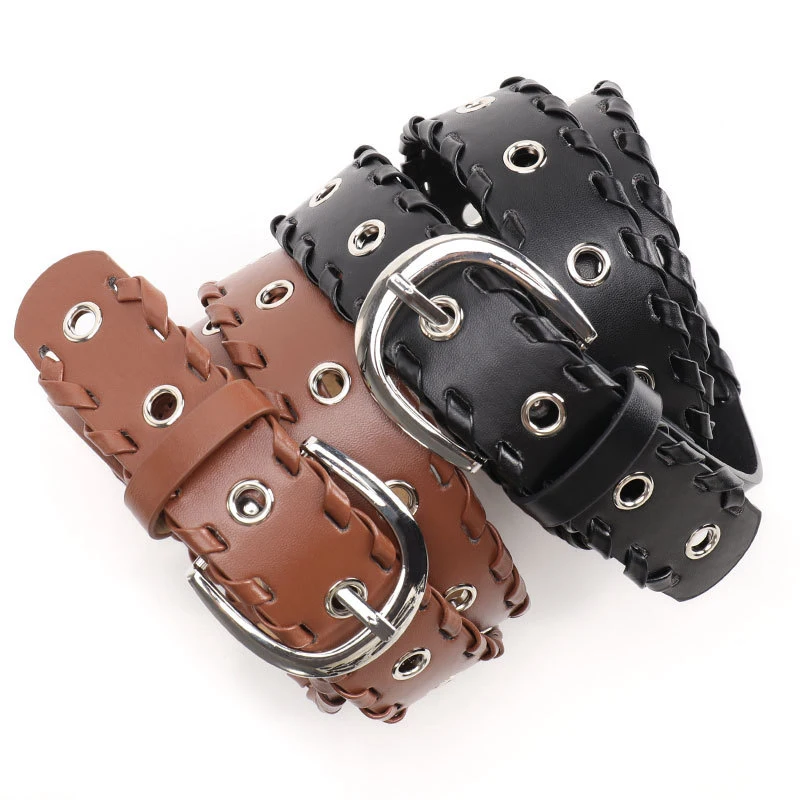 Western Hand Threading Hollow-out Design Punk PU Leather Women Belt Fashion Pin Buckle Belt for Ladies
