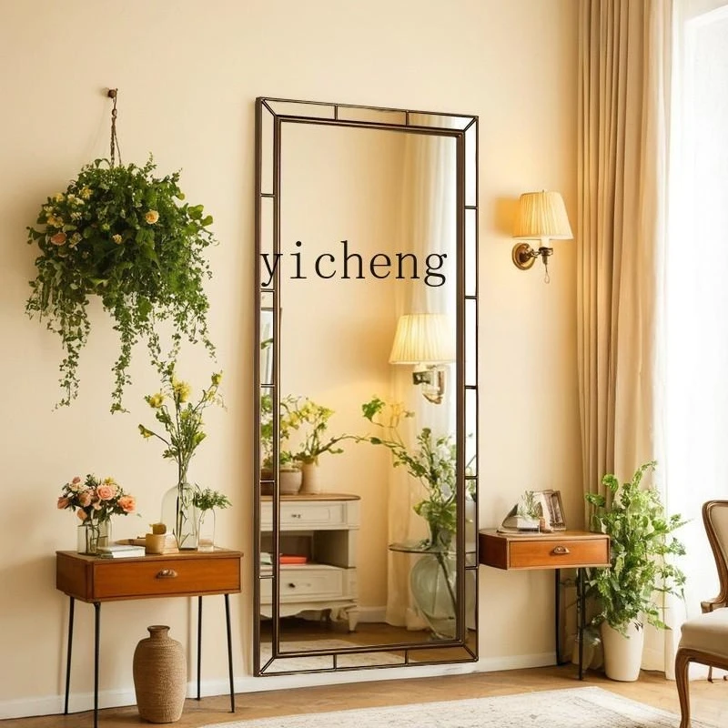 

French Retro Light Luxury Dressing Mirror Vintage Full-Length Mirror American Style Entrance Decorative Mirror