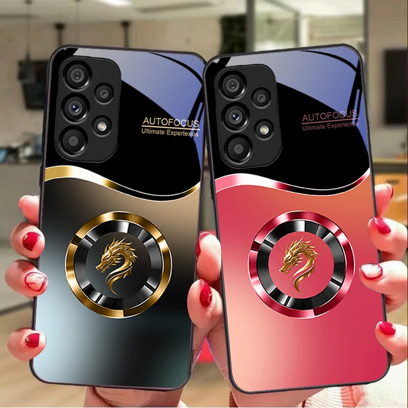 Gradual Round Dragon For Samsung Galaxy S 8 9 10 20 Plus 21 FE 22 23 24 Ultra S7 Edge Black Tempered Glass Phone Case Hard Shell