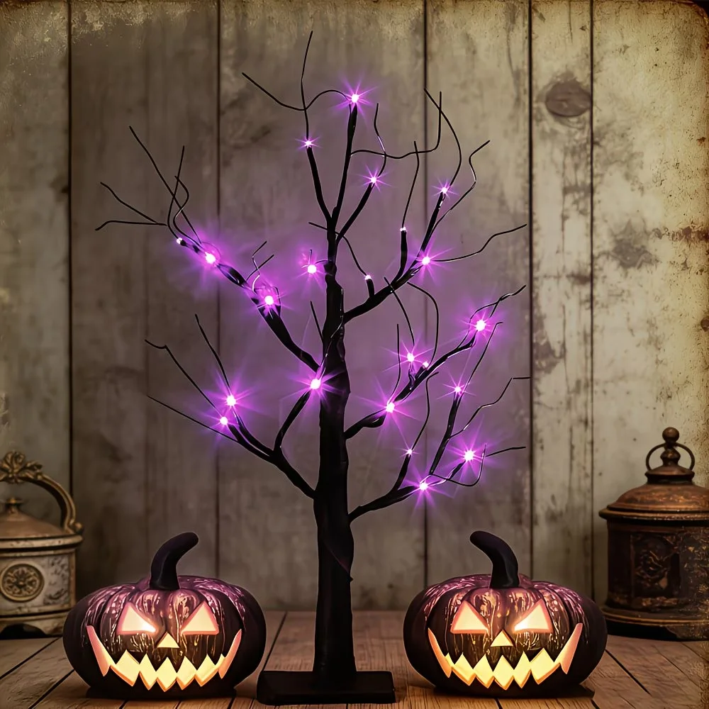 1pc Halloween Tabletop Lighted Tree Black Bare Bendable Twig Tree Purple Orange Lights Battery Operated For Mantel Desk Decor