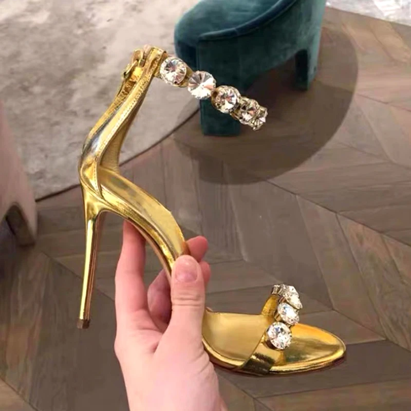 

Big Bling Rhinestone Strap Gold Leather Sandals Summer Stiletto Heel Peep Toe Buttons Crystal Studs Cutout Women Wedding Shoes