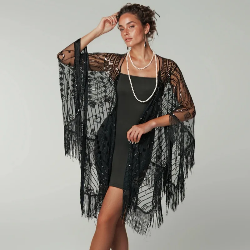 

European and American new women's hollow-out sequin fringe long shawl party fashionable high-end thin dress matching