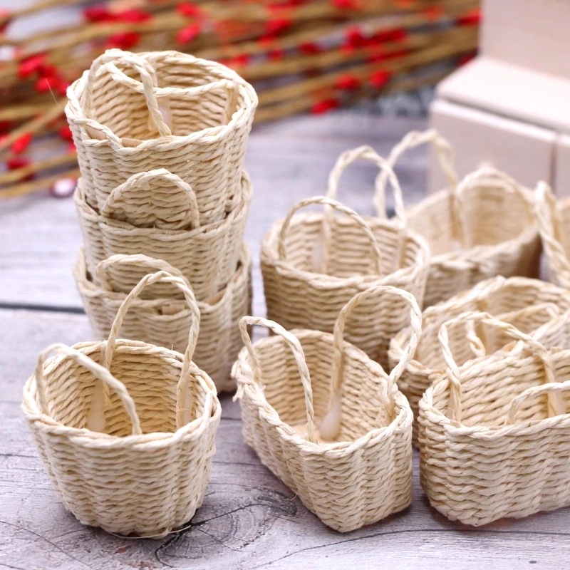 1:12 Straw Basket Simulation Food Basket Model Toys for Doll House Decoration 1/12 Dollhouse Miniature Accessories