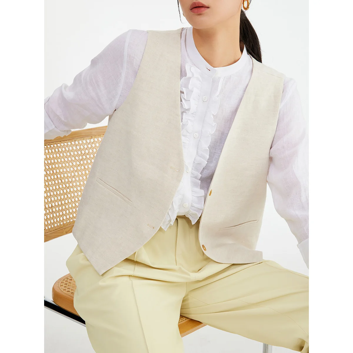 

Evewang Linen Vest Women Spring Summer V-neck Versatile Layering Short Sleeveless Open-front Small Outerwear