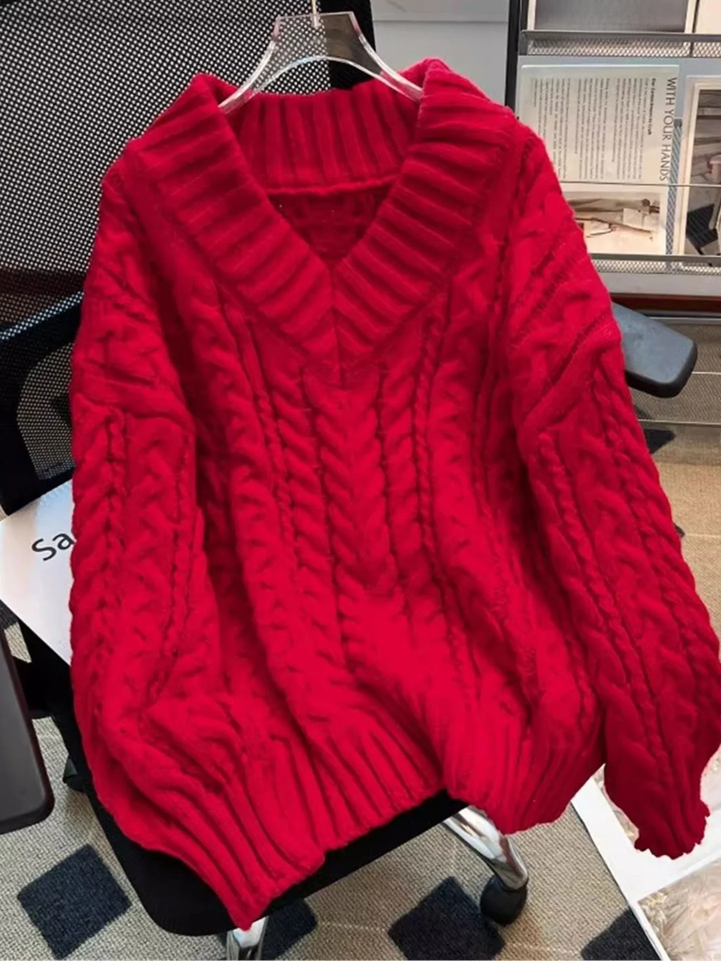 

Женский свободный вязаный свитер Long Sve Thiened, осень-зима, красный, повседневный, удобный мягкий топ с v-образным вырезом