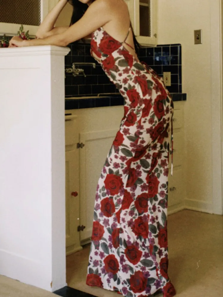 Robe Sexy à imprimé Floral pour femmes, mode, sans manches, bretelles Spaghetti, col en V, dos nu, robes de hanche, jupes de fête élégantes