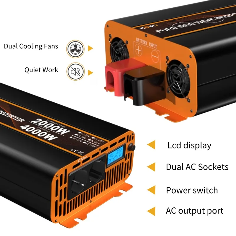 HOULI Inverter Pure Sine Wave Power Inverter 5000W DC 12V/24V/48V to AC 220V Converter LED Display and EU Socket