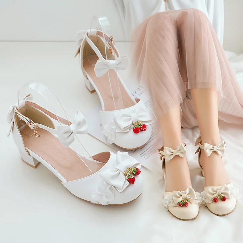 LO Lolita Shoes Bow Student Sweet Round Head Thick Heels Large Fairy Sandals Cos Loli Tea Party Girl Shoes