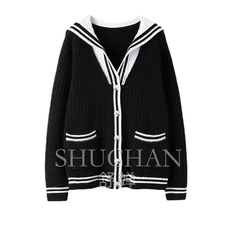 Sailor Collar 100% cashmere thick women Cardigan sweater women winter warm tops  high end luxury designer clothes