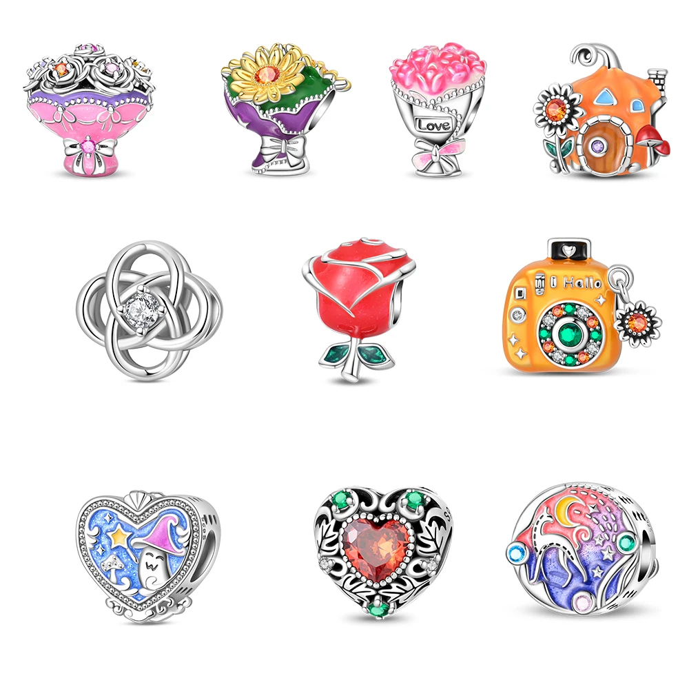 Silver Vintage Heart Charm with Orange & Green Cz, Fits European Bracelet, Ornate Love Jewelry Gift