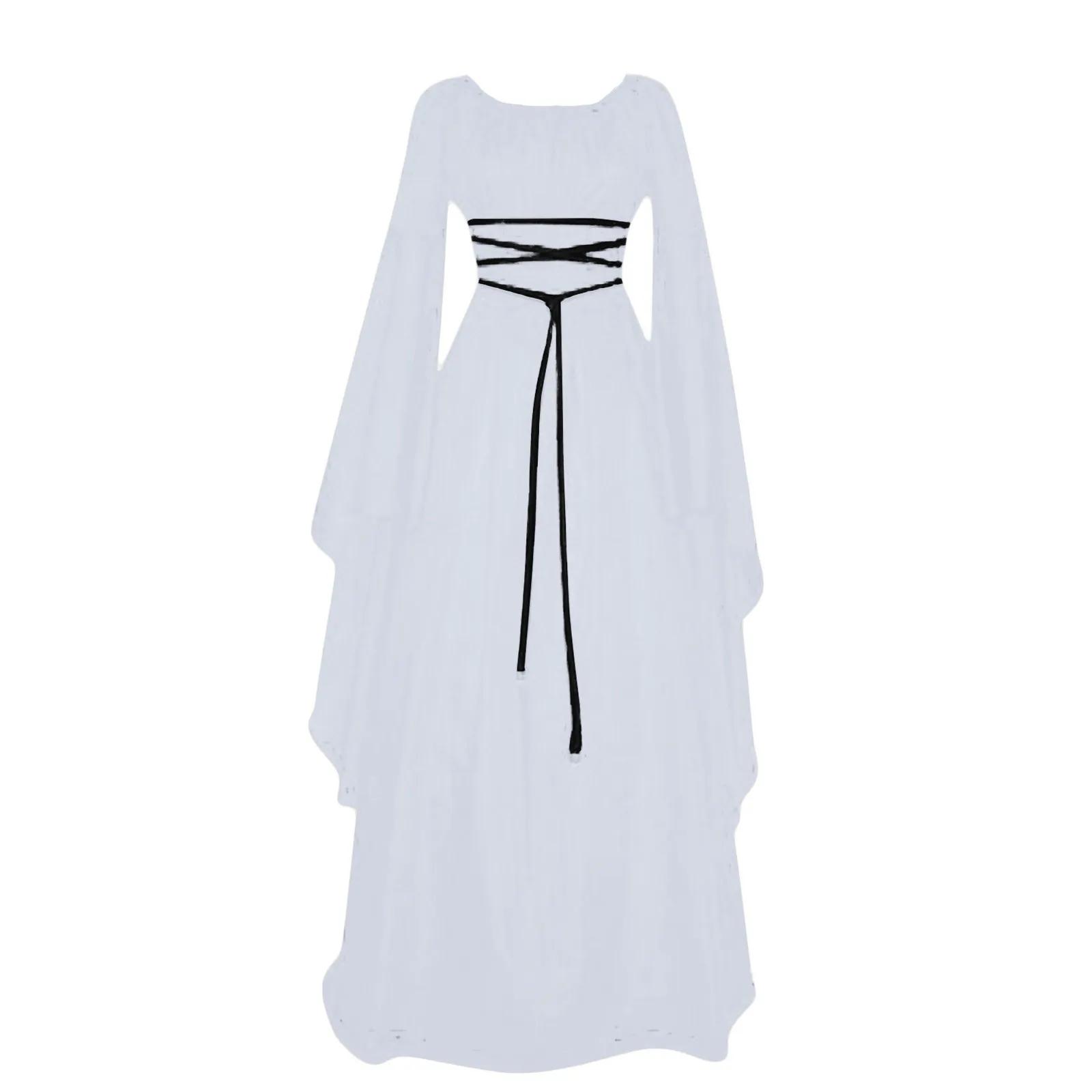Women\'S Halloween Costume Long Sleeved Round Neck Lace-Up Waist Irregular Dresses Medieval Retro Elegant Evening Dress