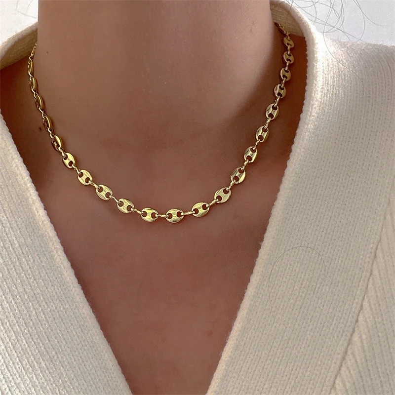 Fashion Cute Pig Nose Hollow Carving Chain Necklace Coffee Bean Gothic Titanium Steel Waterproof Jewelry Men/Woman Party Gifts