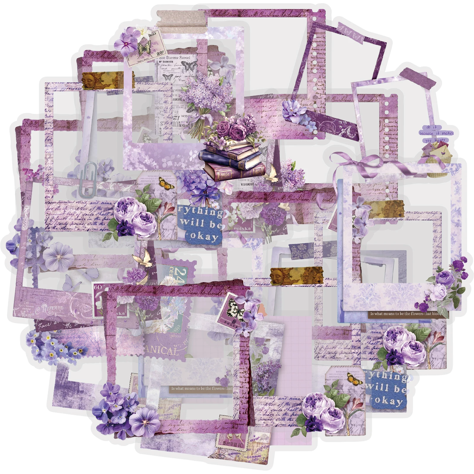 Etori Life Purple Dream Garden 20Pcs Lavender Journal Border Stickers Vintage Floral Blank Note Decoration Stickers for Laptops, Phone Stickers, Suitcases, Desk Decoration Accessories, Handmade Scrapbooking Supplies, Student Gift Paper Bags, DIY Artwork, Vintage Party, Baking Sealing, Toy Stickers, Gifts for Friends