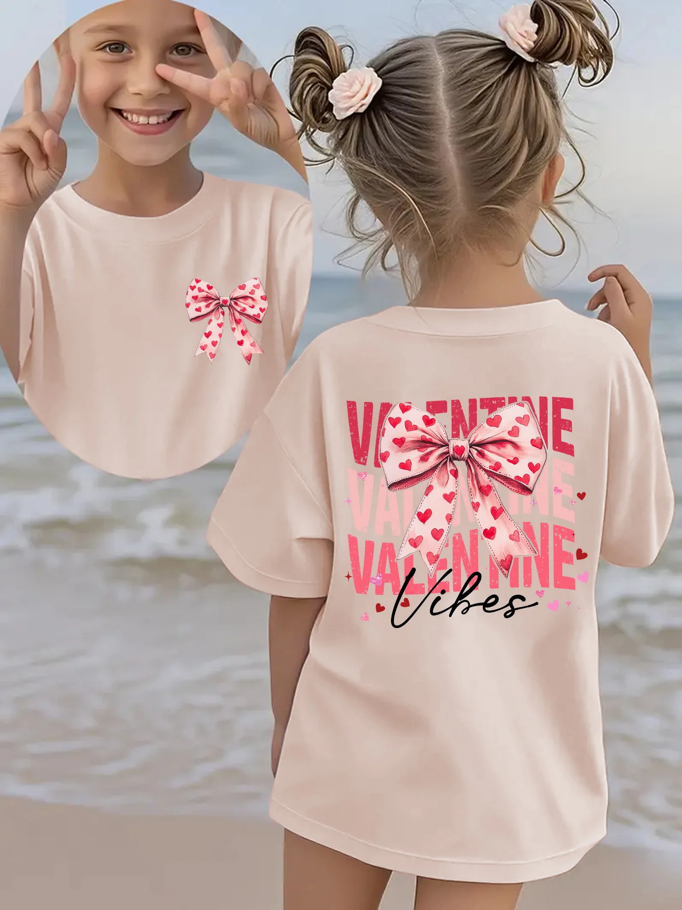 Brand Toddler Girls Valentine Vibes Summer T Shirt Bow Heart Cartoon Double Sided Print Soft Casual Kids Tee