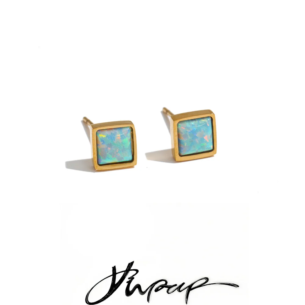 Yhpup 2026 Stainless Steel Square Natural Opal Stone Small Stud Earrings for Women Gold Color Popular Summer Aesthetic Jewelry
