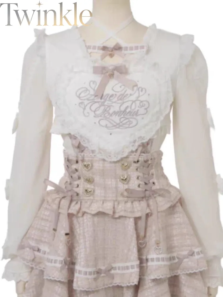 Ryousangata Japanese Sweet Lolita Lace Big Heart Cross Lace-up Long Sleeve Blouse Shirt Trendy Cute Kawaii Girly Harajuku 8882