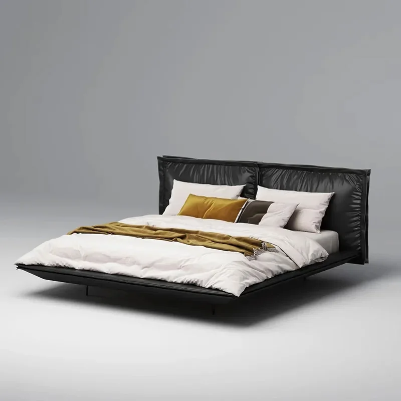 Italian minimalist top-layer cowhide leather bed, small apartment, master bedroom designer furniture, high-end atmosphere