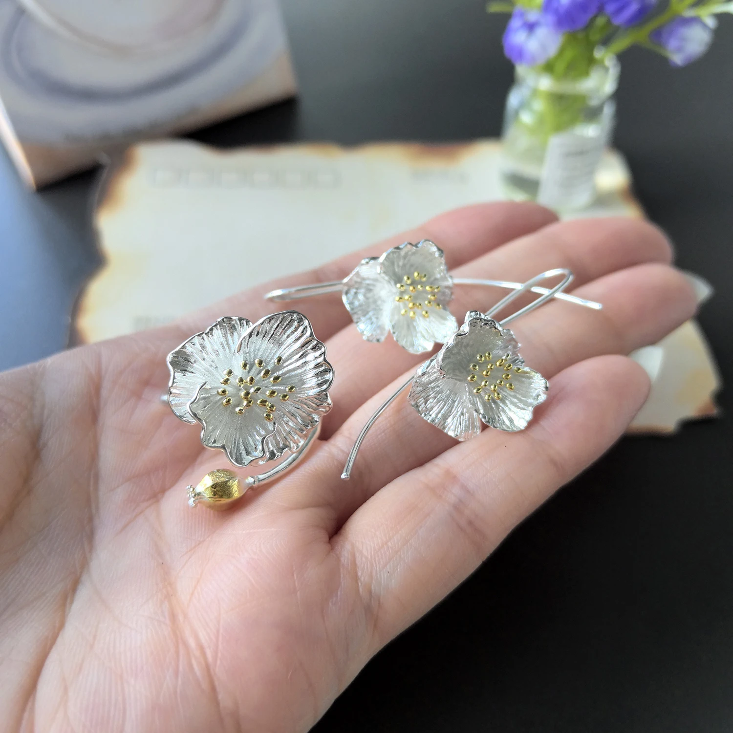 925 Sterling Silver Open Finger Ring Gold Color Elegant Flower Bud Asymmetric Sweet For Women Jewelry Gift Dropship Wholesale