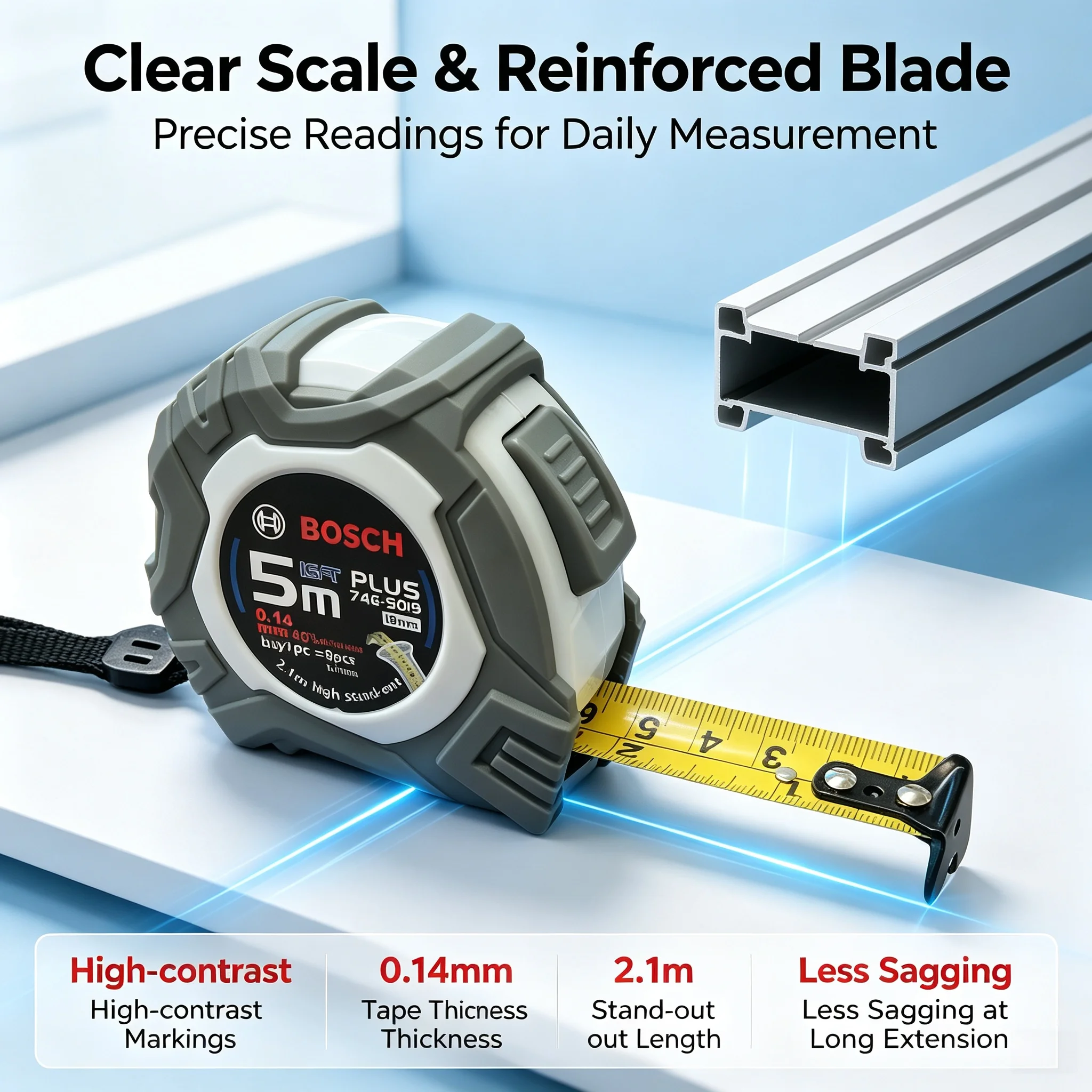 Bosch 5 Meter Steel Tape Measure, Reinforced Metal Blade, Shockproof Housing, Measuring Tape for Construction and Home Use