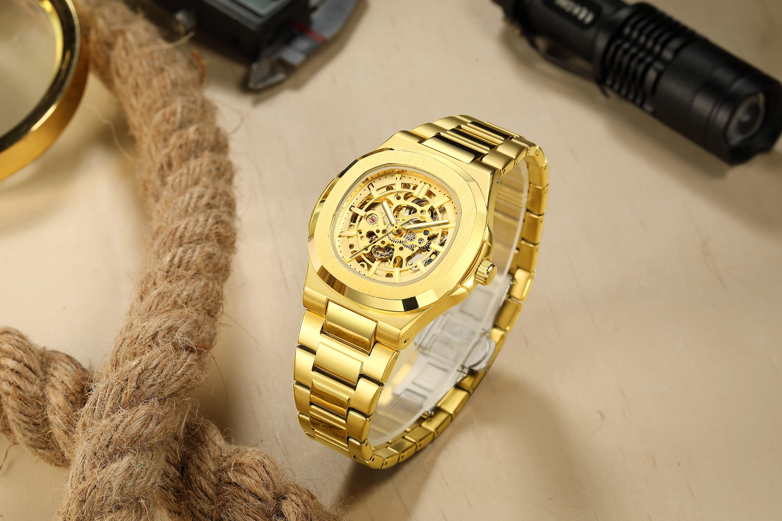 Herren Quarzuhr Mode Automatische Herrenuhr Edelstahl Wasserdicht Business Skelett-Uhr – Detail 8
