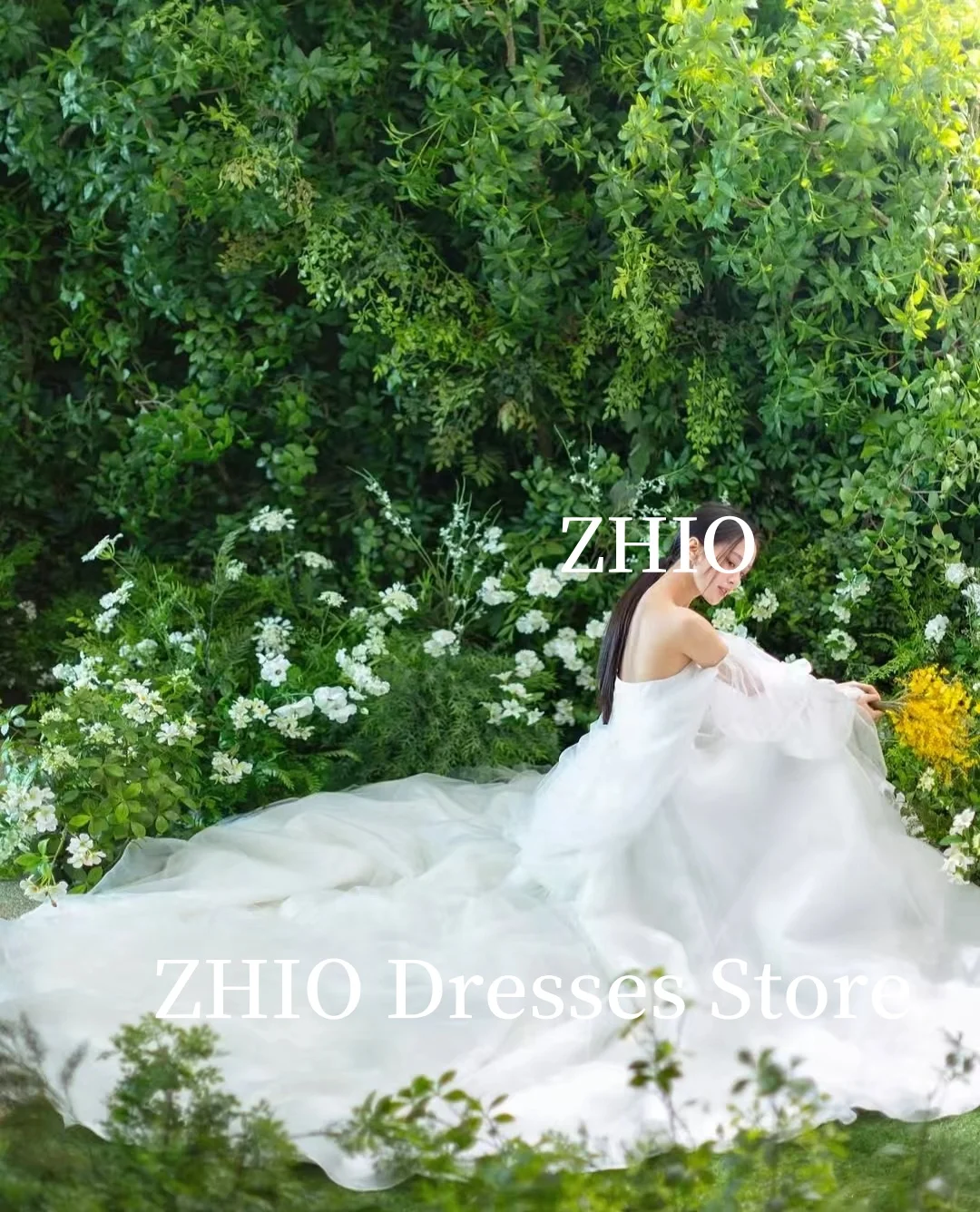 ZHIO Illusion Puff Sleeves Wedding Dress A-Line Off the Shoulder Floor Length Bridal Gown Korea Photo Shoot Customized Elegant
