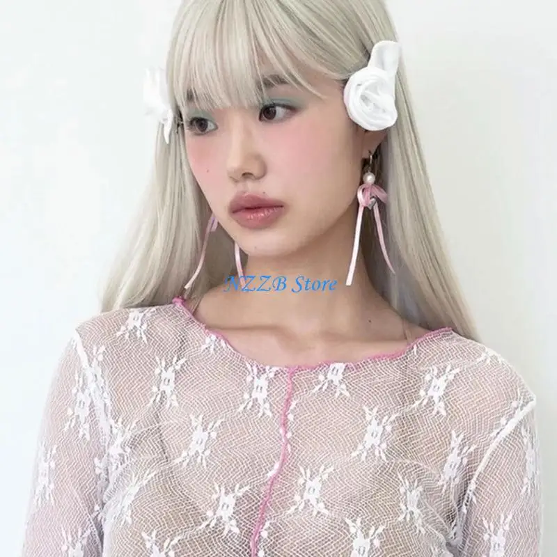

T21F Pearl Heart Dangle Earrings Unique Ribbon Bowknot Drop Earrings Sweet Ear Hooks