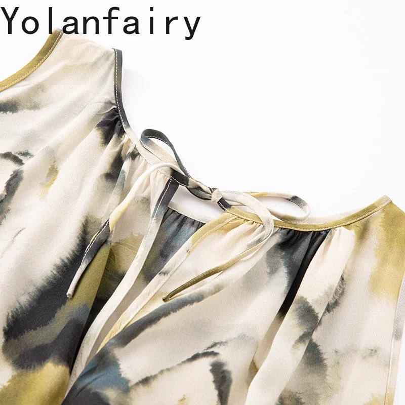 YOLANFAIRY 100% Real Mulberry Silk Dress for Woman Summer Sleeveless Oversized Women's Dresses Ink-printed Casual Ladies Dresses