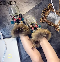 Womens Round Toe Beads Sequins Flowers Rhinestones Mid Calf Boots Real Mink Fur Snow Warm Winter Shoes X-mas Gift Girls