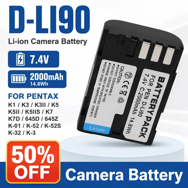 

D-LI90 Li-ion Camera Battery 7.4V 2000mAh for Pentax K1 K3 K3II K5 K5II K5IIS K7 K7D K01 645D 645Z K52 K52S K32 K3 Batteries