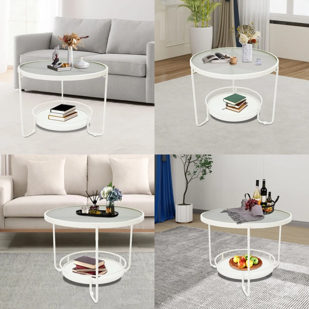 Café TablesModern 2 Tier Round Glass Side Table with White Frame for Living Room Bedroom Sofa