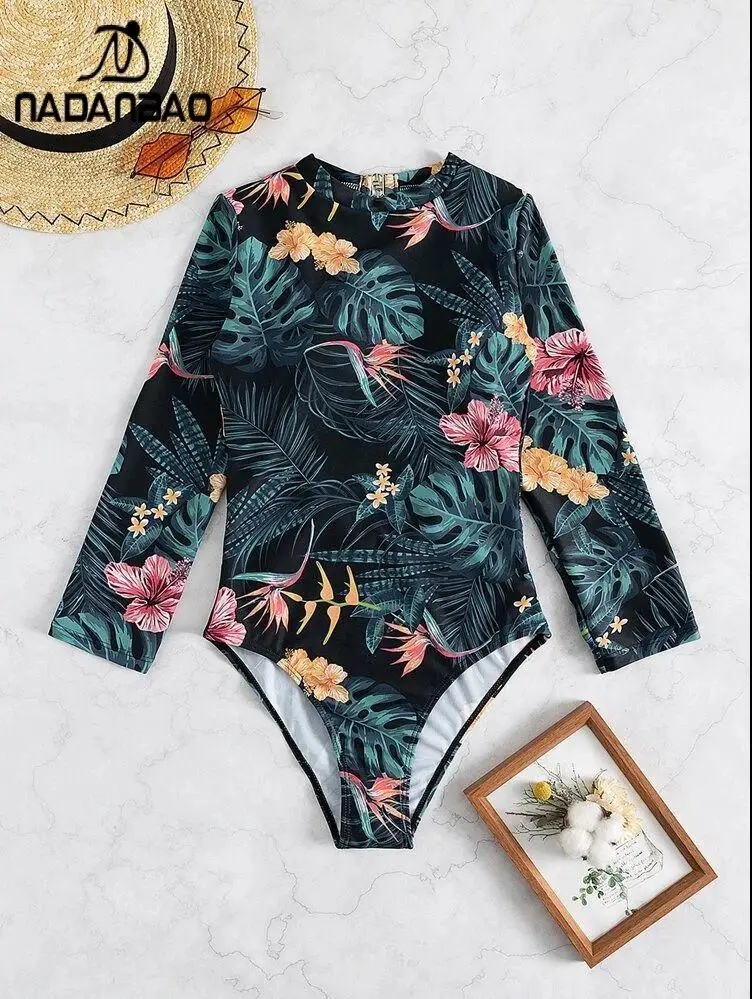 Nadanbao Women Backless Swimwear Long Sleeves One Piece Swimsuits Sexy Printing Bodysuit Bathing Suit Summer Beach Party Wear