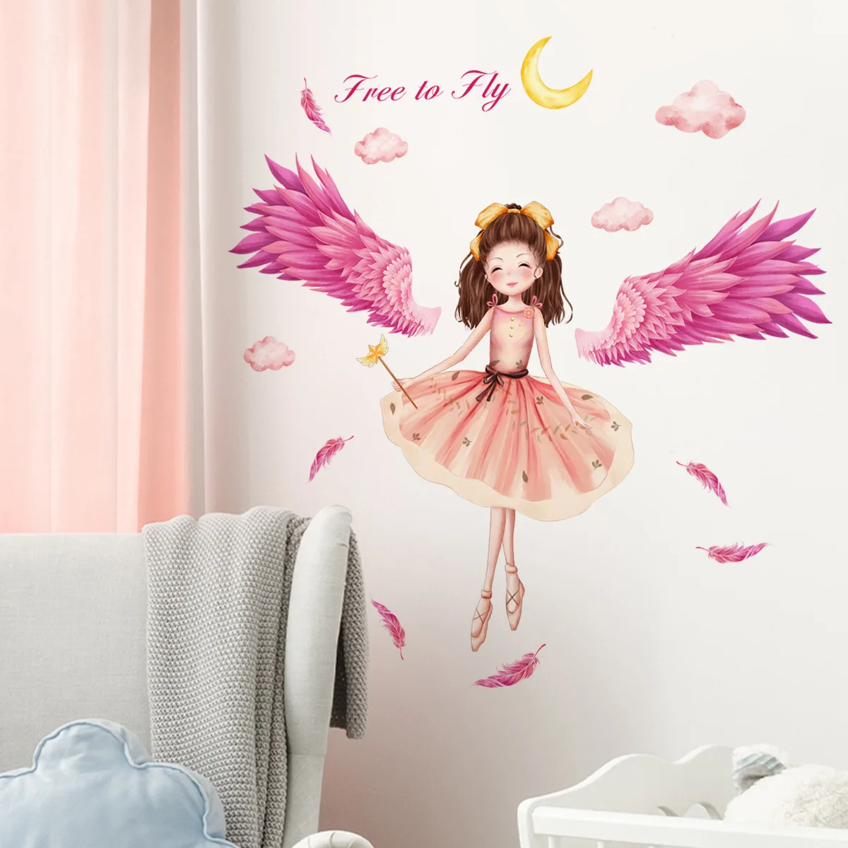 Little Girl Wings And Clouds Self-Adhesive Wall Stickers For Girl Room Kids Room Decoration Bedroom Accessories Wall Decor