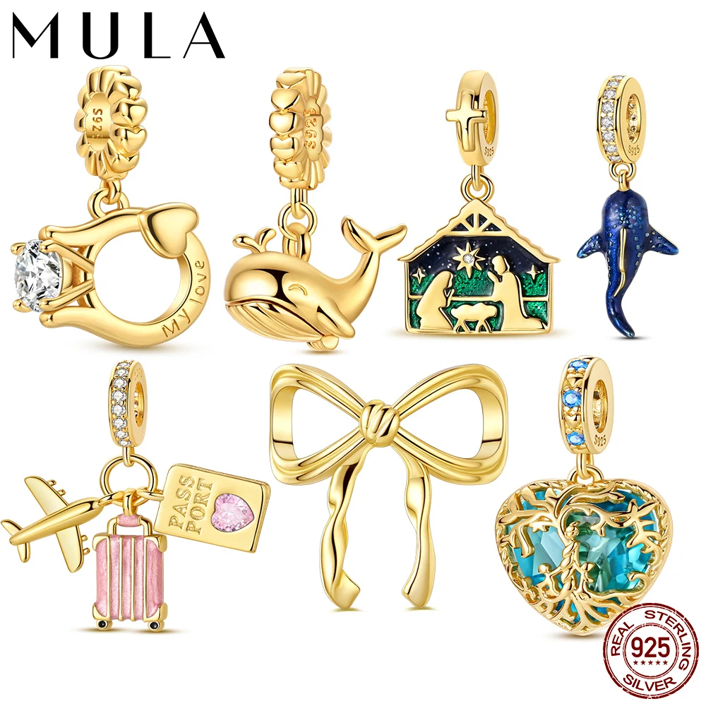 

Mula 925 Sterling Silver Gold Bow Whale Ring Charm Pendant Charm Fit Original Bracelet DIY Fine Jewelry Making for Women