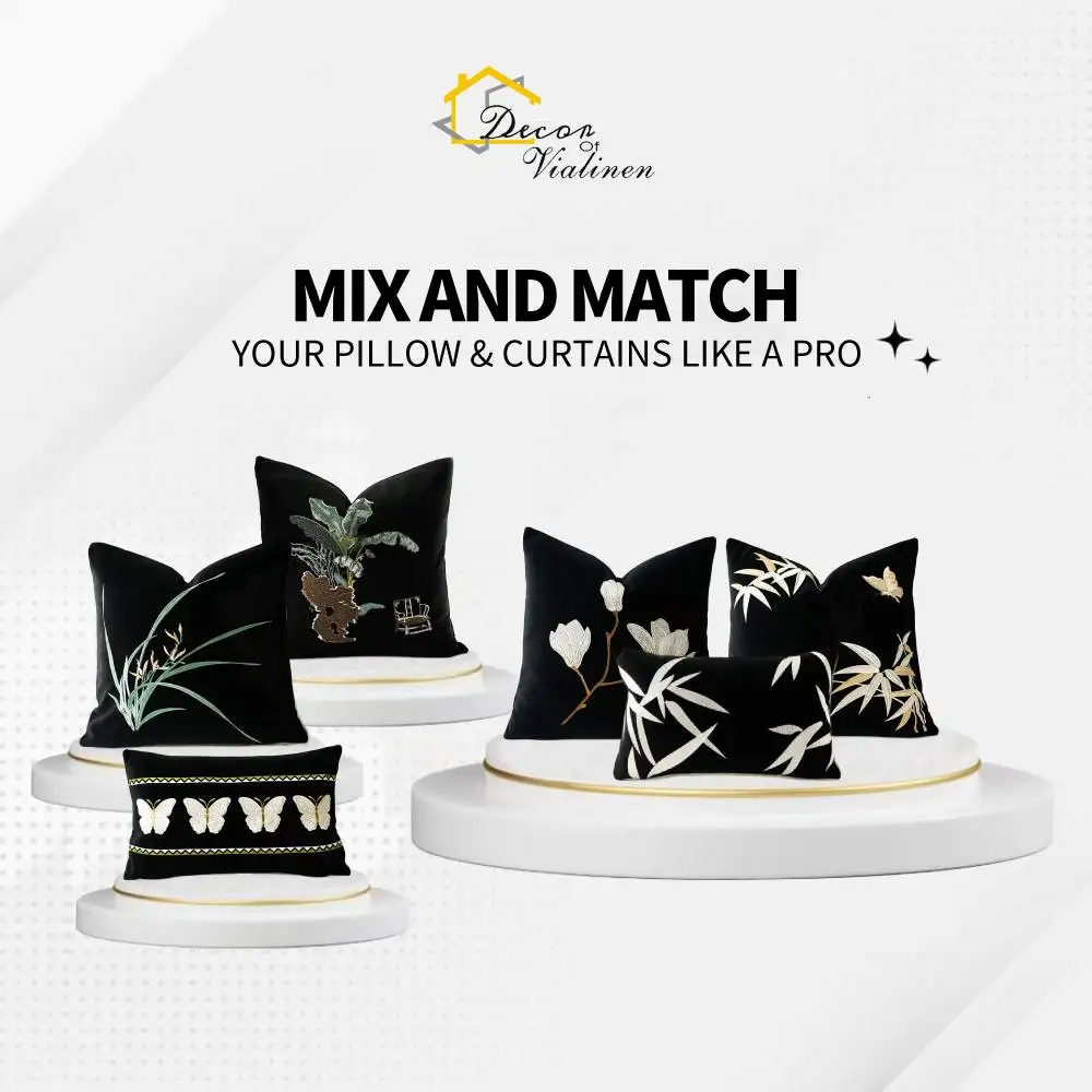 

Black Plant Flower Cushion Pillowcase European Style Living Room Sofa Backrest Embroidery Cushion Cover 45x45cm 50x50cm