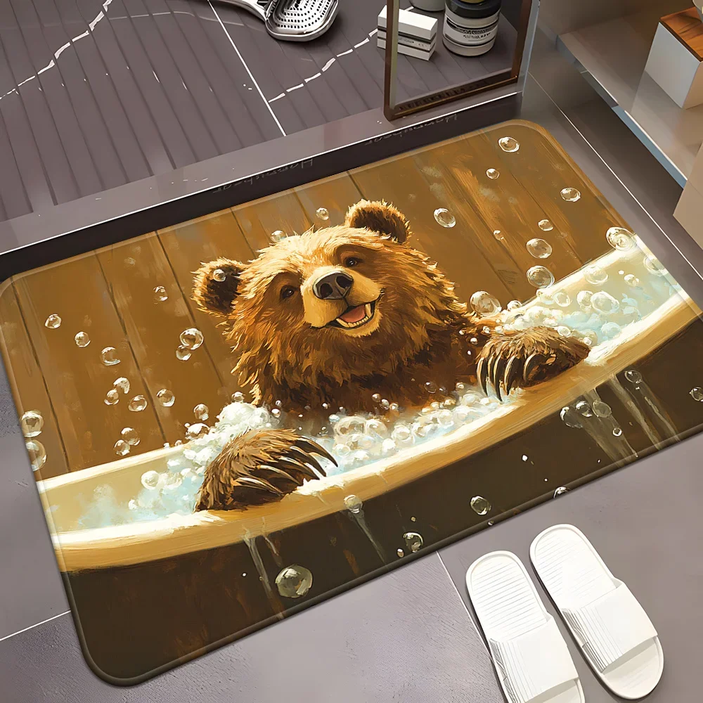 1pc 2d Flat Cute Brown Bear Bathtub Bubbles Flannel Bath Mat Non Slip Funny Animal Rug For Bathroom Shower Floor Decor